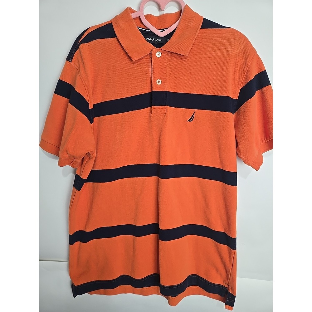Nautica Polo Shirt Adult Mediun Blue Orange Striped Sailing Rugby Y2k Style